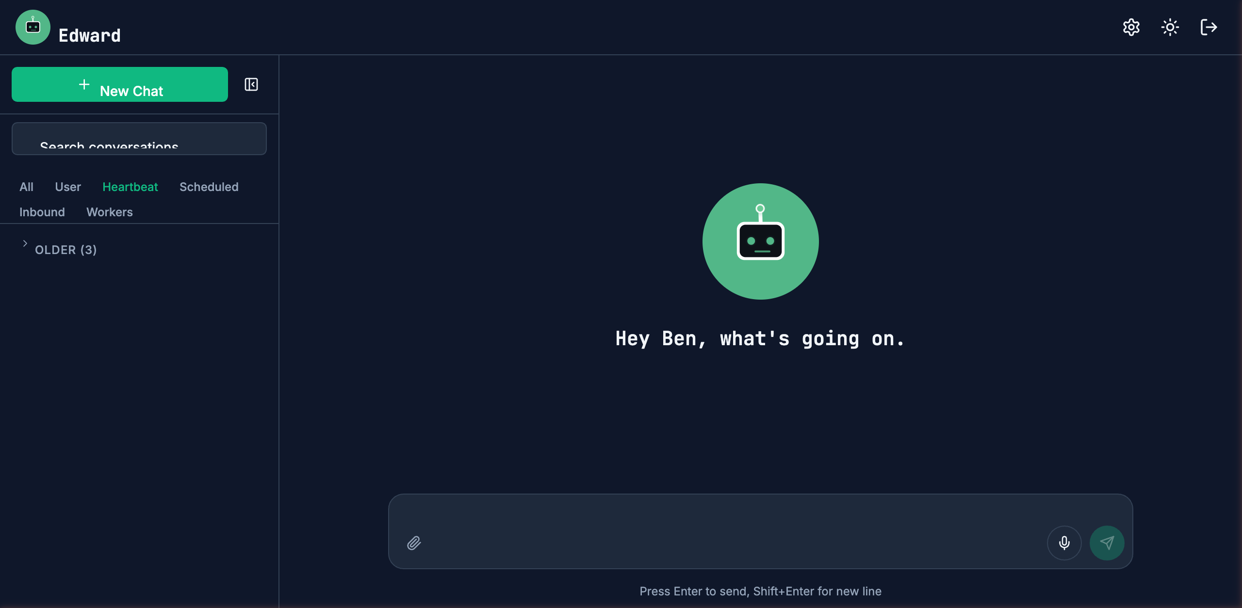 Edward sidebar showing conversation filters for Heartbeat, Scheduled, Inbound, and Workers