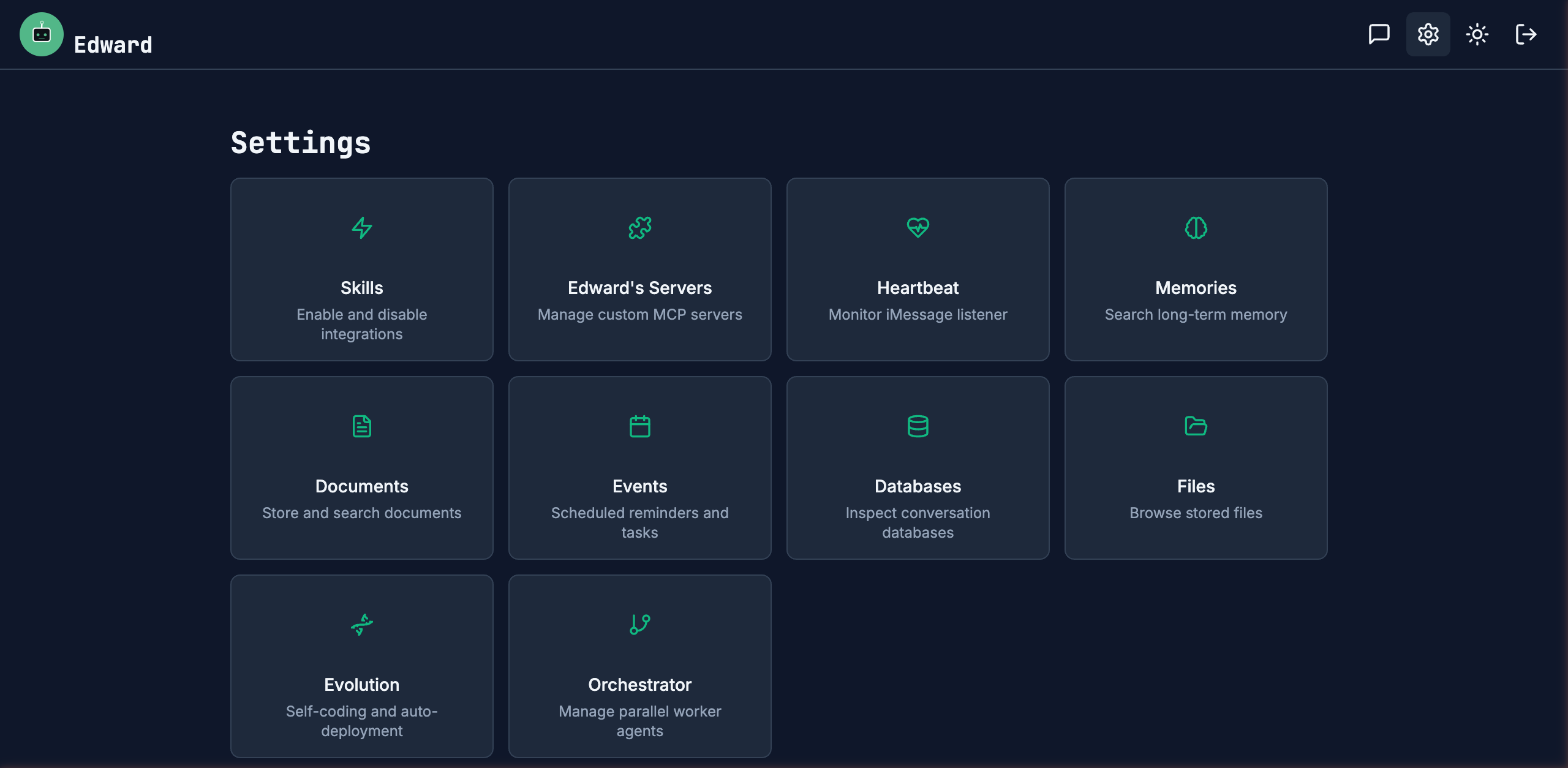 Edward settings dashboard showing all available skill panels